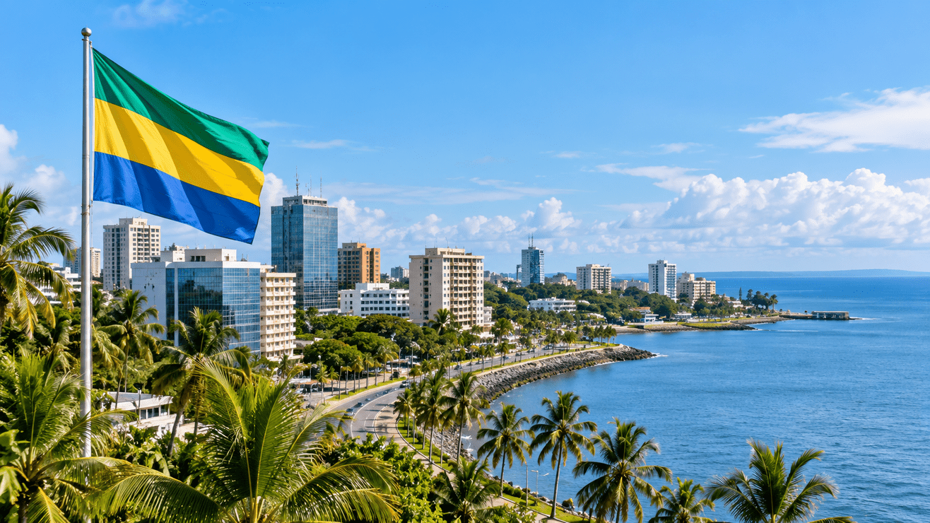 Gabon map monument and Libreville cityscape